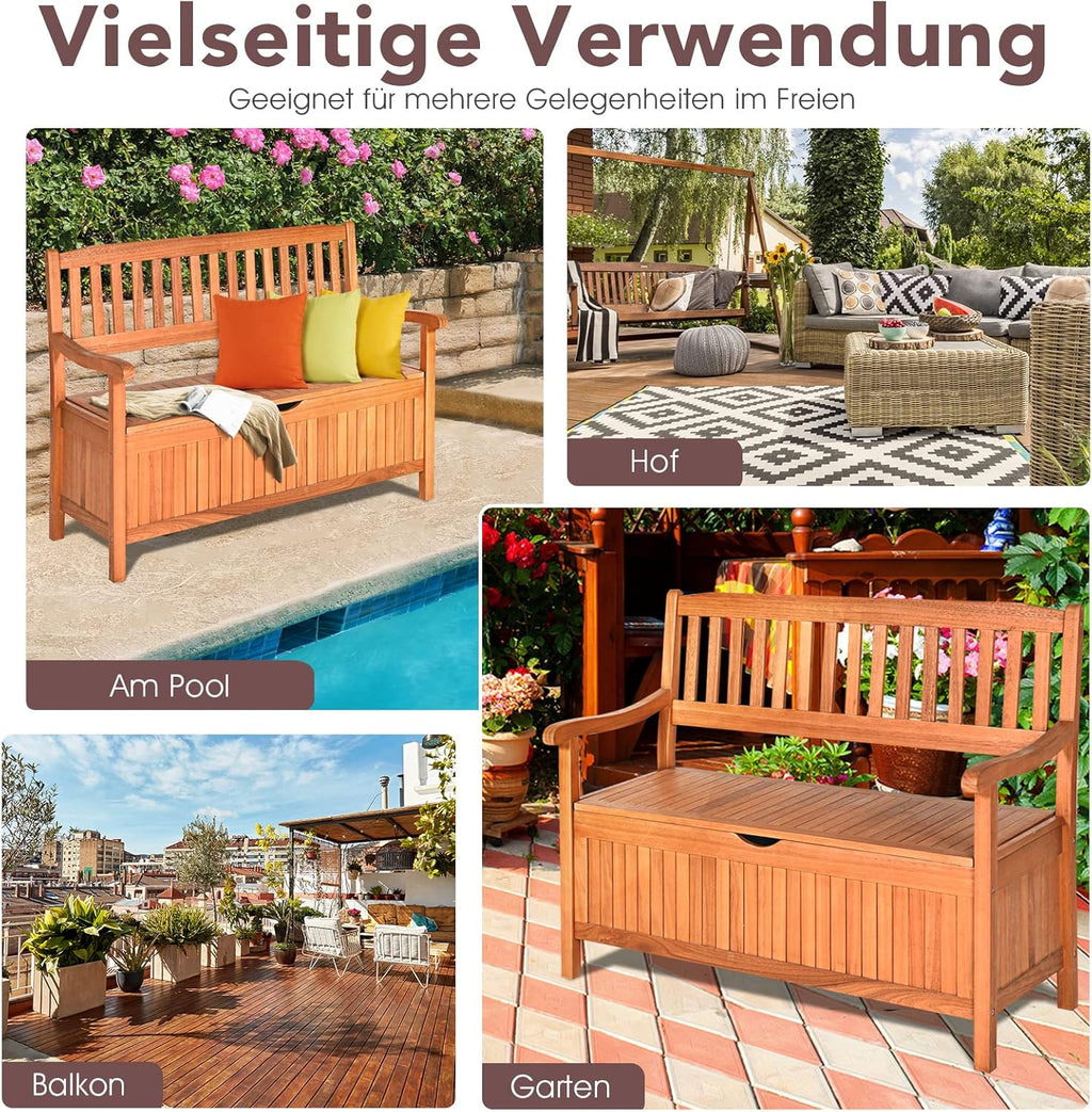 GOPLUS Gartenbank mit Stauraum, Sitzbank aus Akazienholz für 2 Personen, Truhenbank mit Rücklehne & Armlehne, Holzbank für Garten Terrasse Outdoor, mit Aufbewahrungsbox, belastbar bis 360kg