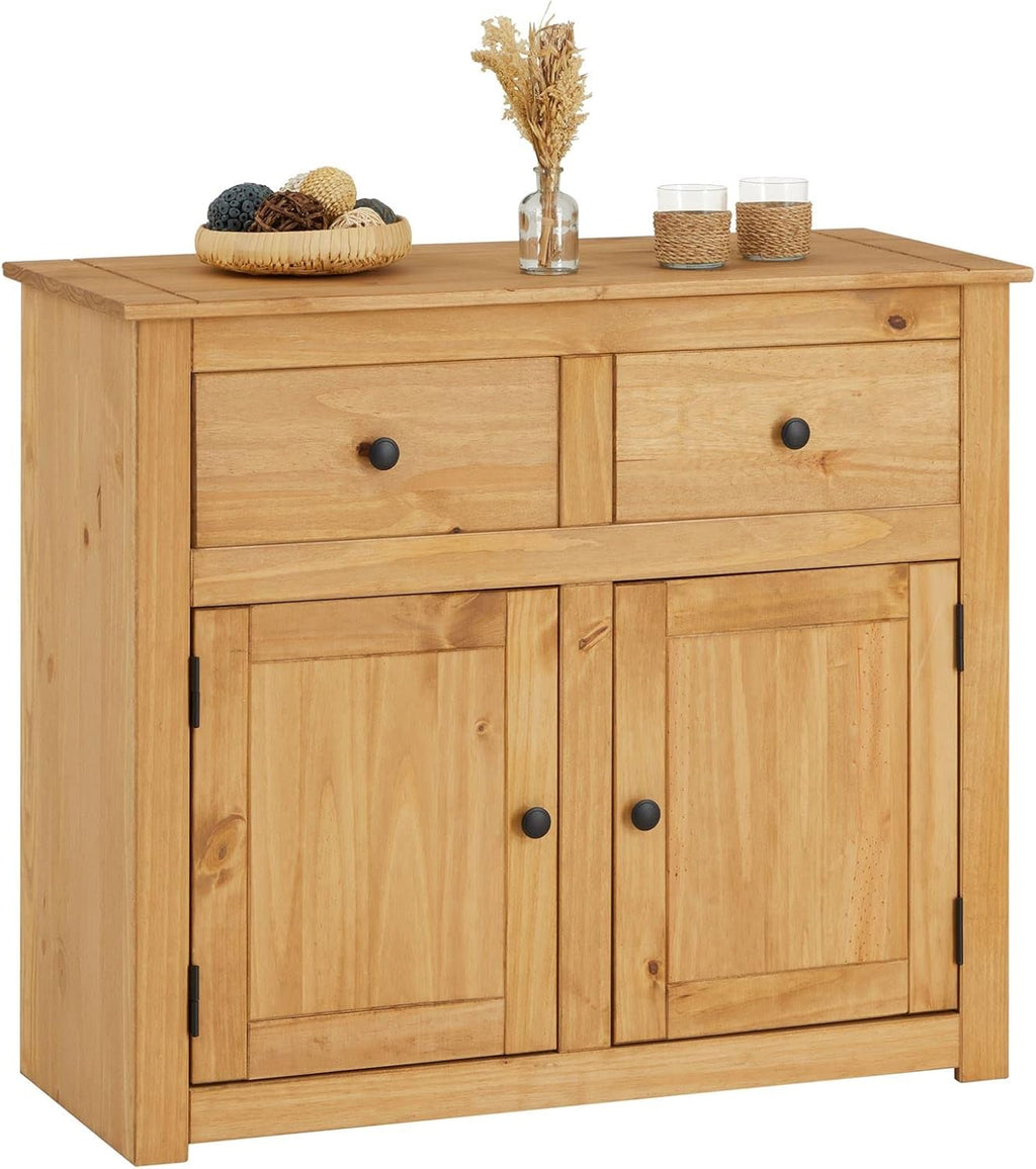Cómoda Cancun de estilo rústico de CARO-Möbel en madera de pino maciza, aparador moderno con 2 cajones y puertas, cómoda con superficie teñida y encerada