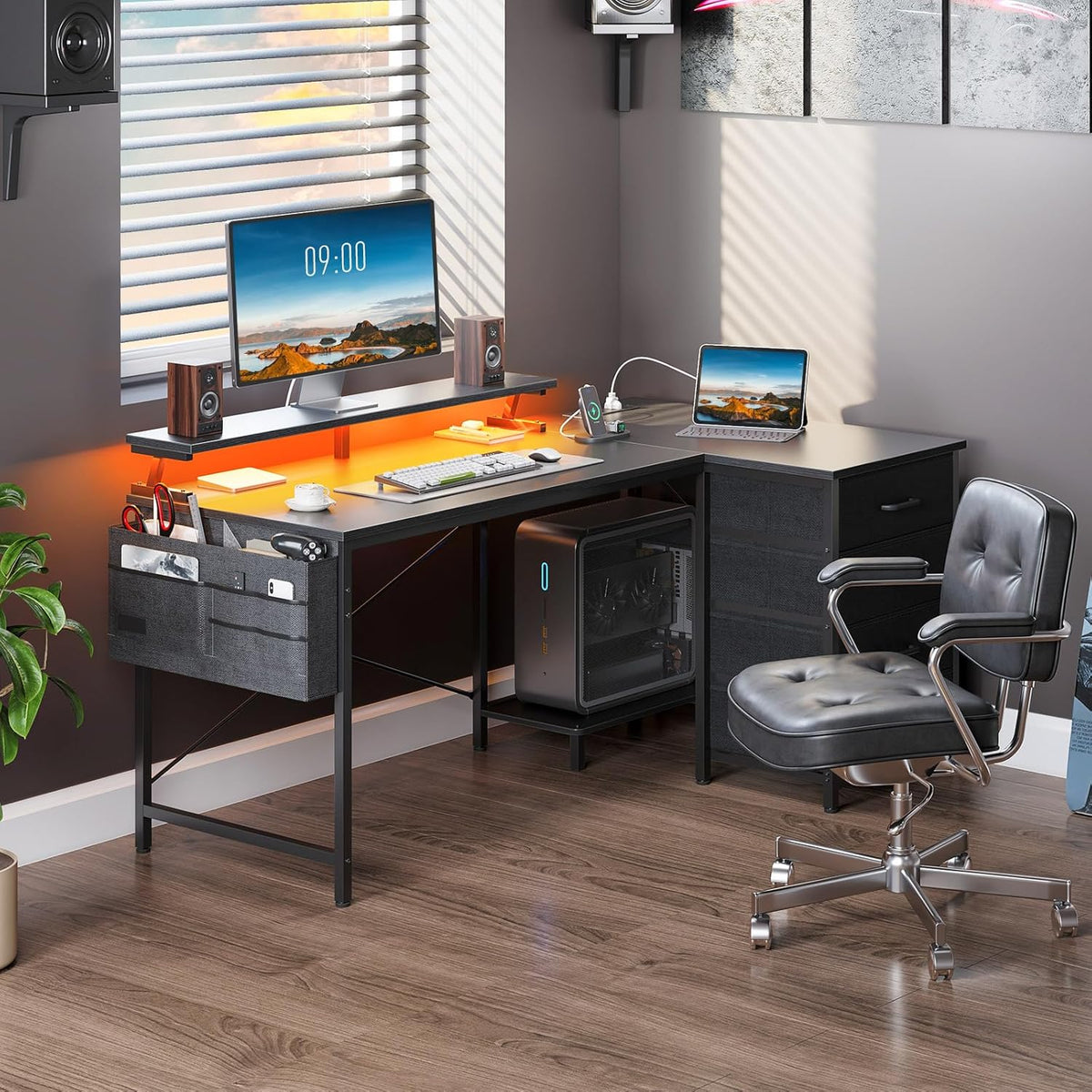 Escritorio en esquina ODK con 4 cajones de tela, escritorio en forma de L reversible de 140x80 cm con 2 enchufes y 2 puertos de carga USB, escritorio gaming en forma de L con LED y soporte para monitor para oficina en casa, negro