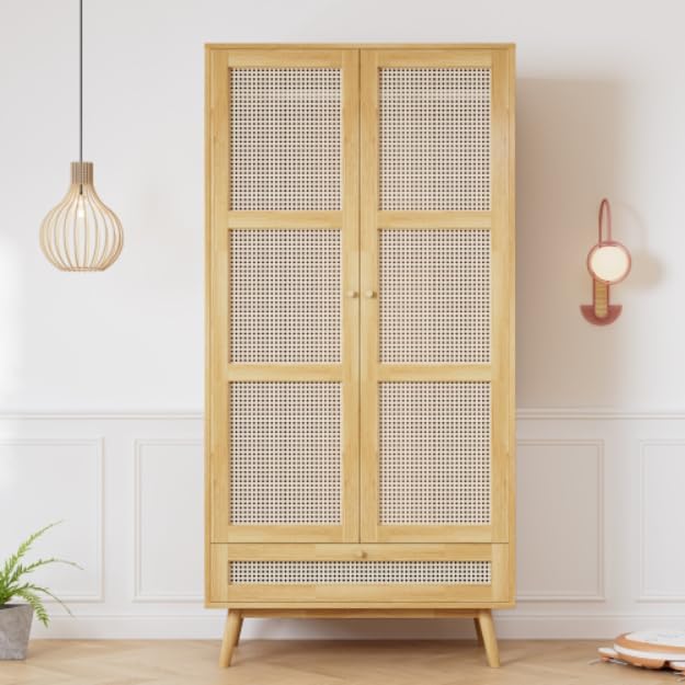 Soweiz Armario con barra, armario de 2 puertas, dormitorio, red de ratán, sala de estar, con solapa inferior, tablero de partículas + ratán de polietileno, natural