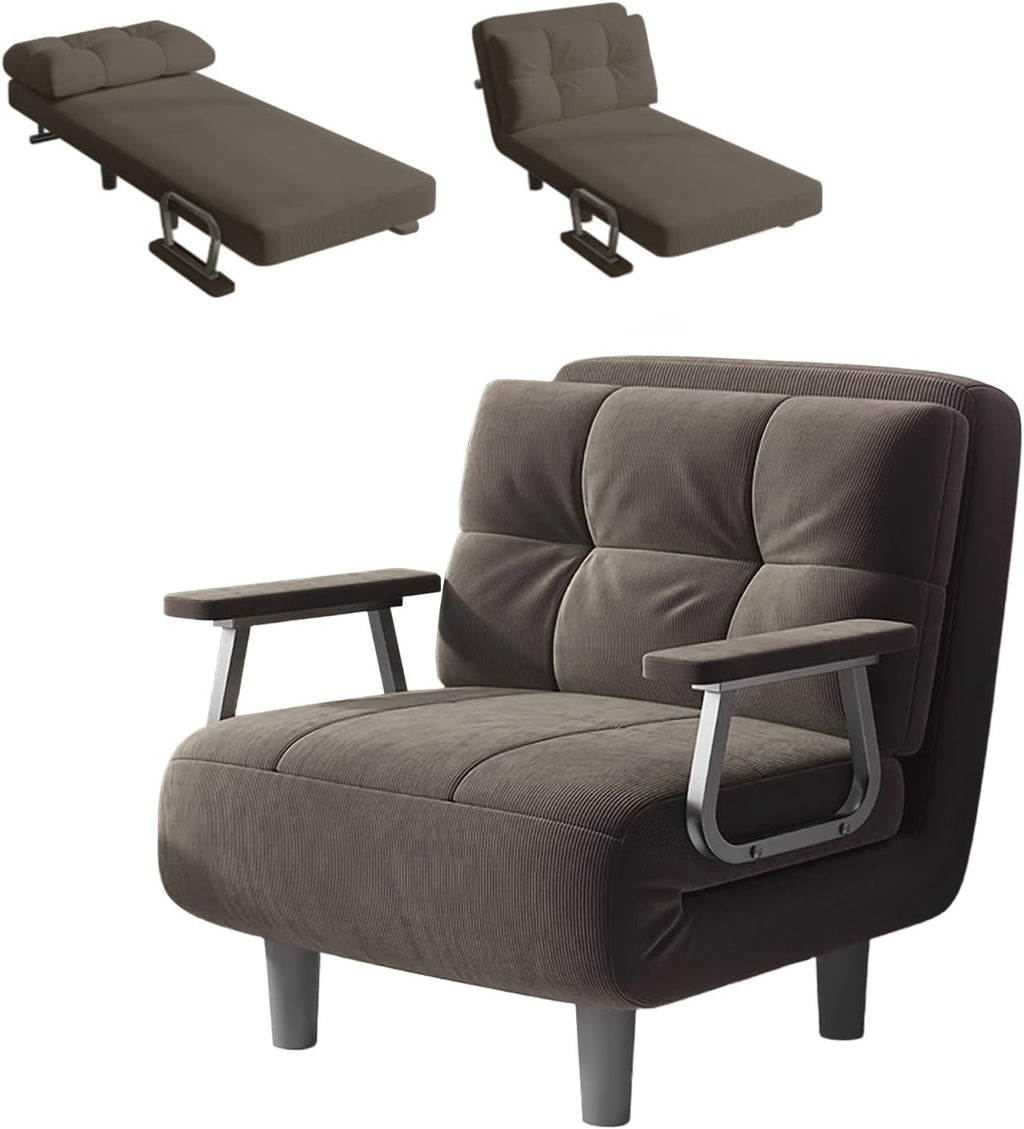 Fabulcozy Schlafsofa 1-Sitzer Umwandelbares Sesselsofa – Großer Komfort Abnehmbar mit Kissen, Metallarmlehnen und Füßen (Khaki)