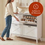 Zapatero CASABEL con 4 trampones, frentes con patrón de cruz, blanco, diseño funcional, gran capacidad para 24 pares, mueble práctico para recibidor o salón, 114x24x83 cm