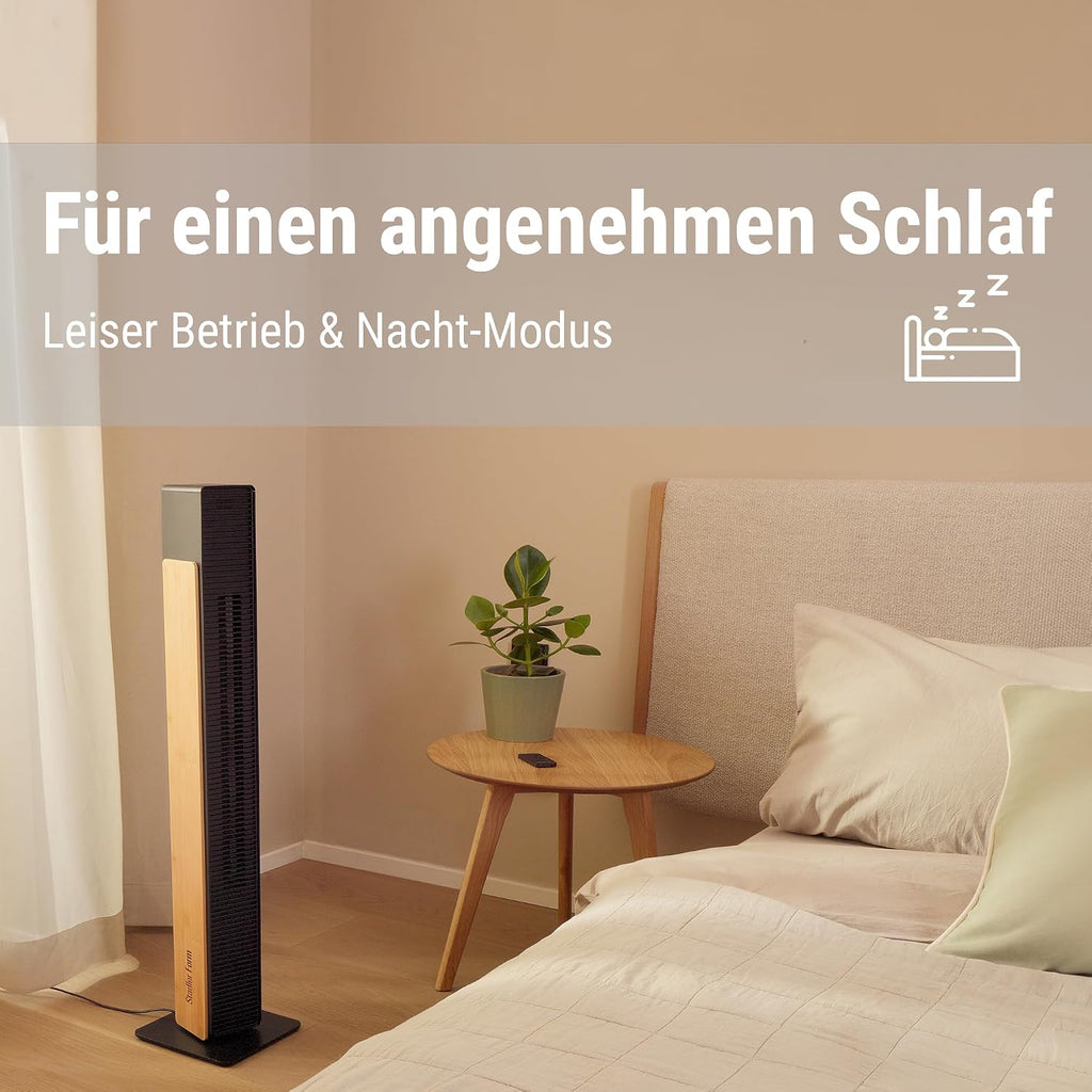 Ventilador silencioso Stadler Form Nick, ventilador de torre con función de oscilación, 10 niveles de velocidad, temporizador, con mando a distancia, para dormitorio, oficina, sala de estar,  con bambú natural, negro