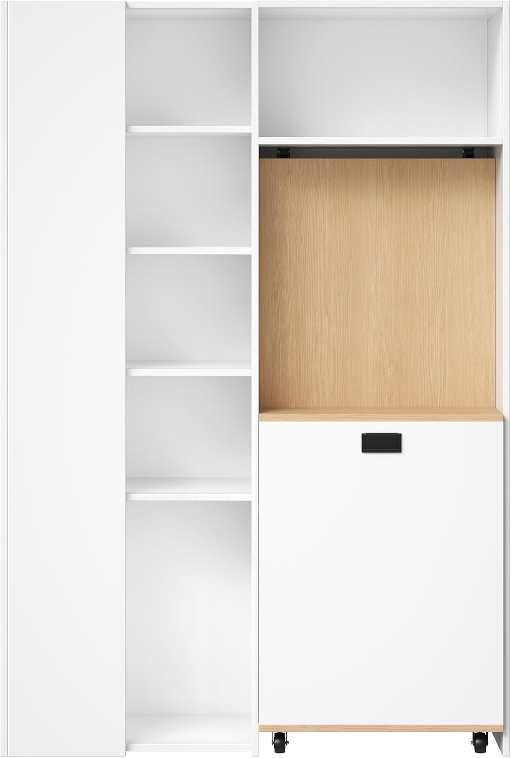 Merax klappbarer 2-in-1 Schreibtisch mit Ablagen, Steckdose & USB, Kippschutz, Eck-Schreibtisch Links – Homeoffice, Studentenwohnung, platzsparend, funktional, Regal & Arbeitsplatz, Weiß