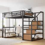 140*200 Metall-Hochbett mit Aufbewahrungsleiter mit Regalen und Tisch, Sicherheitszaun-Design mit gespleißten Metallplanken, Hohes Eisenrahmenbett mit Metallrahmen für stabile Unterstützung (Schwarz)