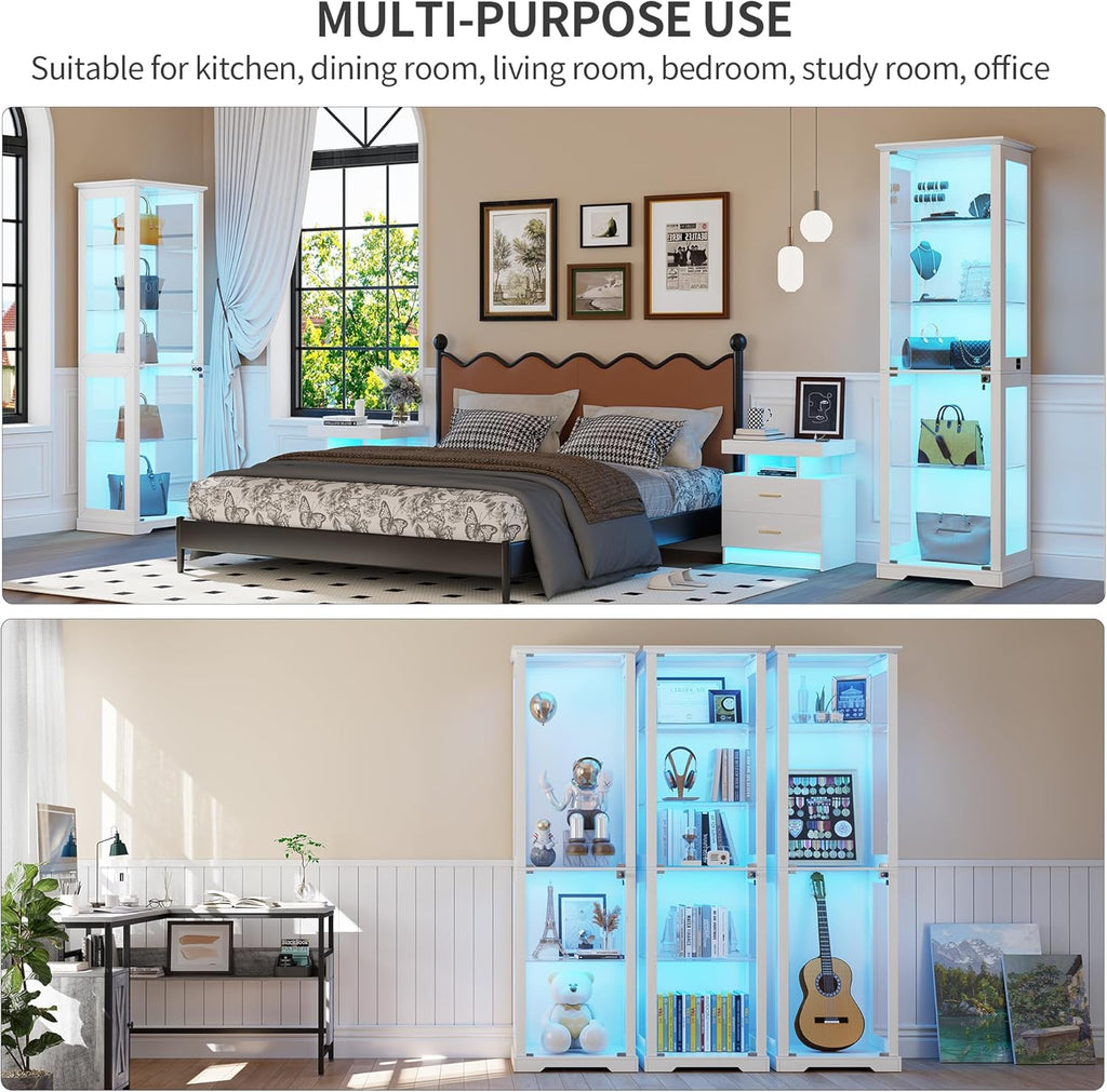 Vitrina de cristal Lvifur con iluminación LED y puertas de cristal para salón y dormitorio, 40×50×180 cm, armario vitrina de 5 niveles con sensor inteligente para objetos de colección, vino, blanco
