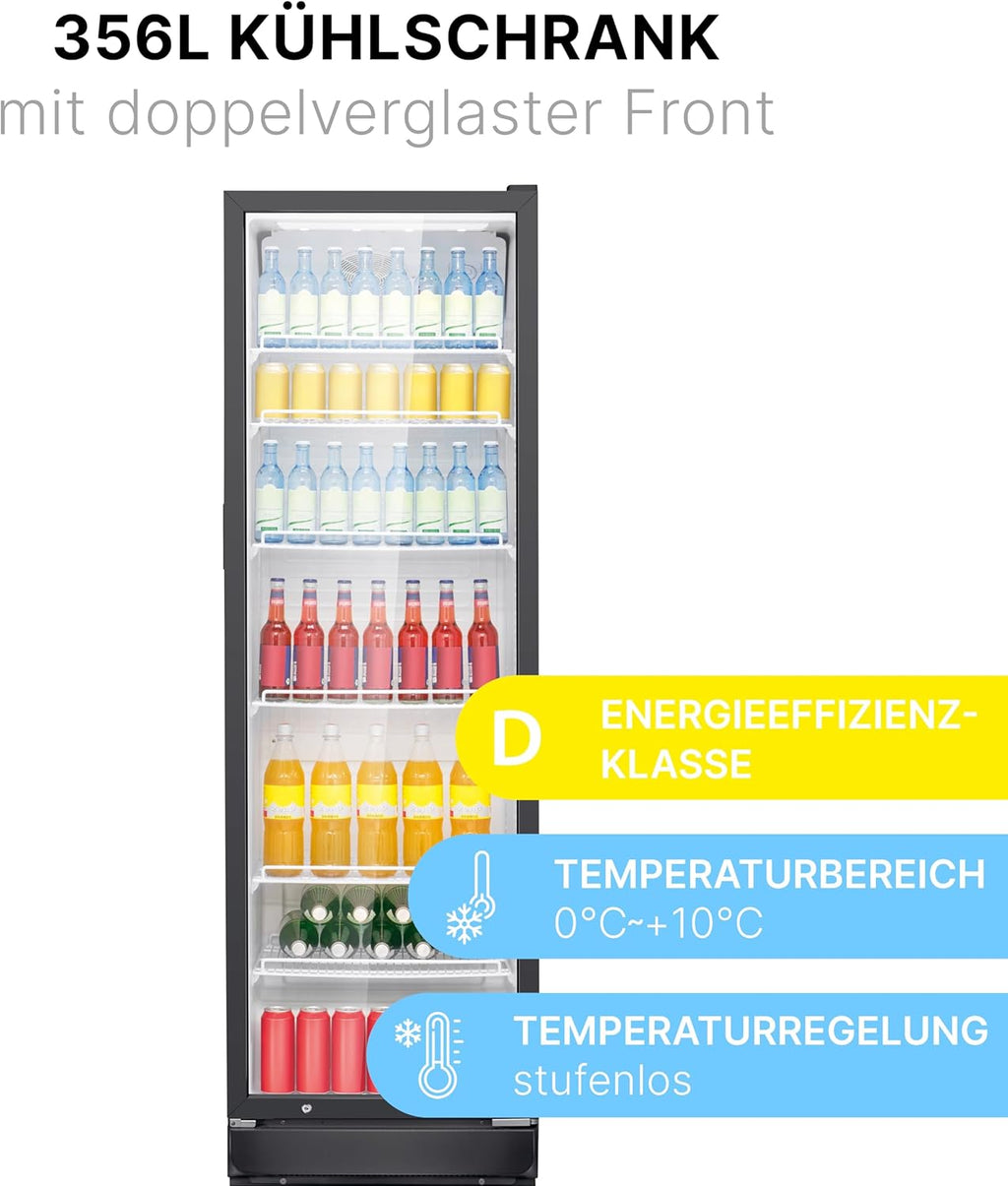 Refrigerador Bomann® con puerta de cristal | Refrigerador de bebidas con cerradura | 6 estantes de altura regulable | 30 kg por estante | 347 litros | Refrigerador grande | Refrigerador para botellas con luz LED | KSG 7351 negro