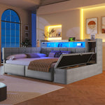 Sofá cama, 140 × 190 cm, con dos cajones, puertos USB y tipo C, compartimento de almacenamiento, banco de almacenamiento en el piecero, tira de luz LED, sin colchón, terciopelo, gris