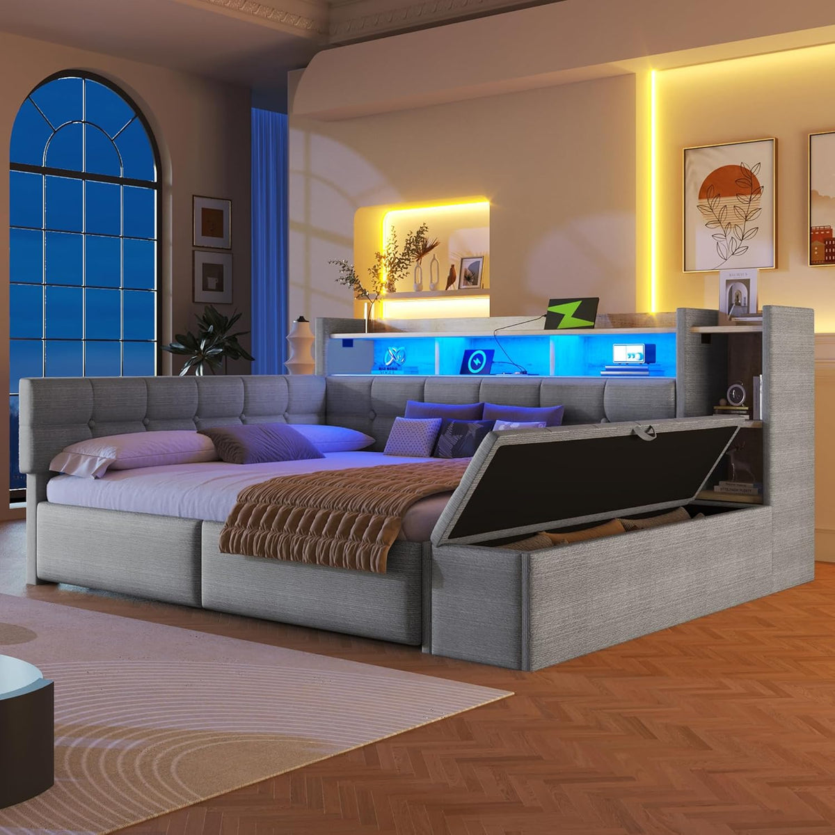 Sofá cama, 140 × 190 cm, con dos cajones, puertos USB y tipo C, compartimento de almacenamiento, banco de almacenamiento en el piecero, tira de luz LED, sin colchón, terciopelo, gris