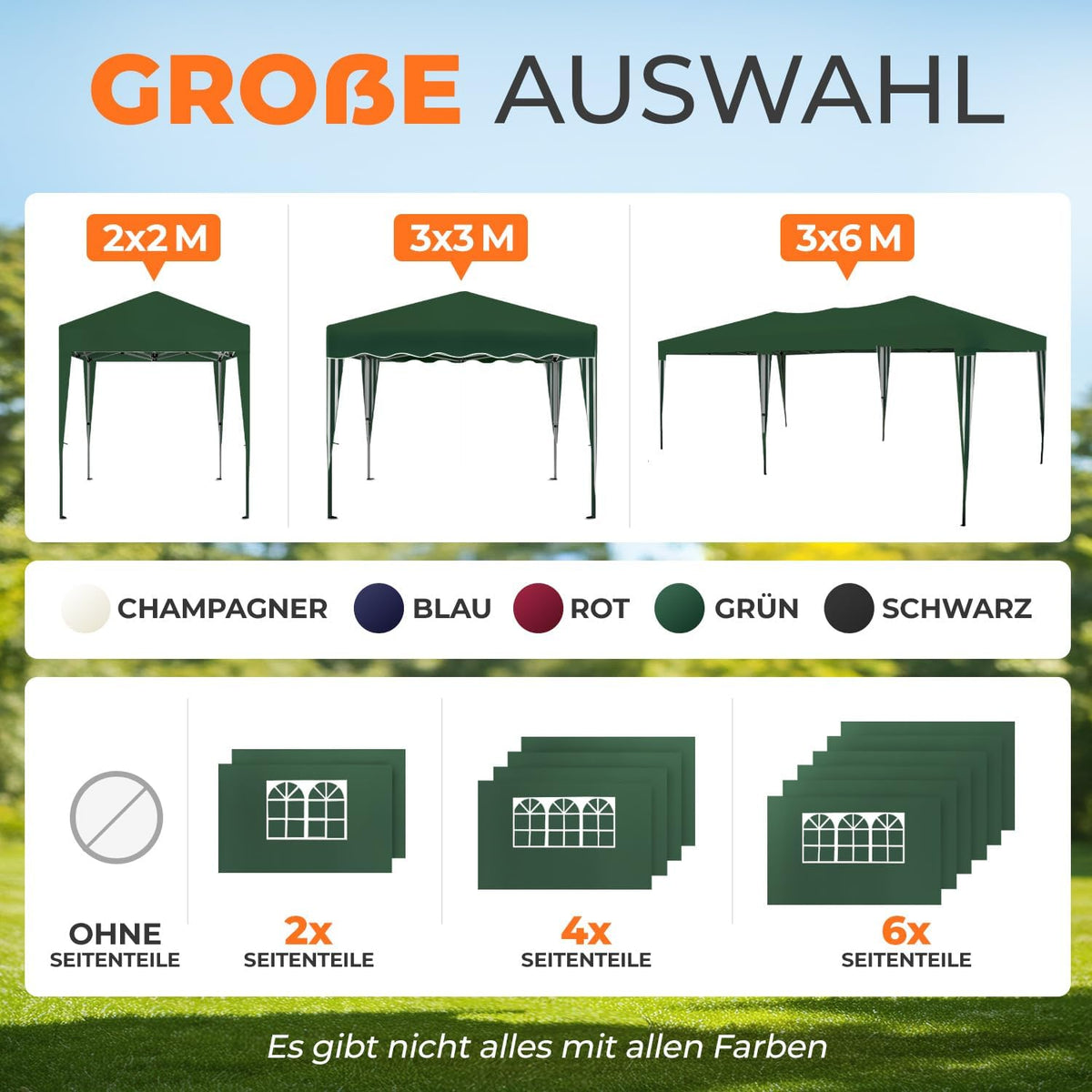 Gazebo plegable impermeable Kronenburg, dimensiones del techo 3 x 3 m, protección UV 50+, cenador en verde con 4 paneles laterales