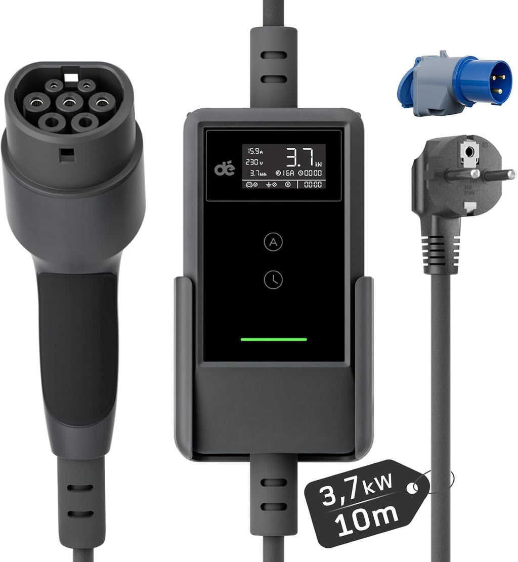 Cargador de coche eléctrico de 3,7 kW [10 m, 6/8/10/13/16 A], cable de carga para coche eléctrico tipo 2 con soporte de pared, pantalla LCD digital, compatible con E-208, Model Y, E-Tech, 500e y otros vehículos eléctricos/híbridos enchufables