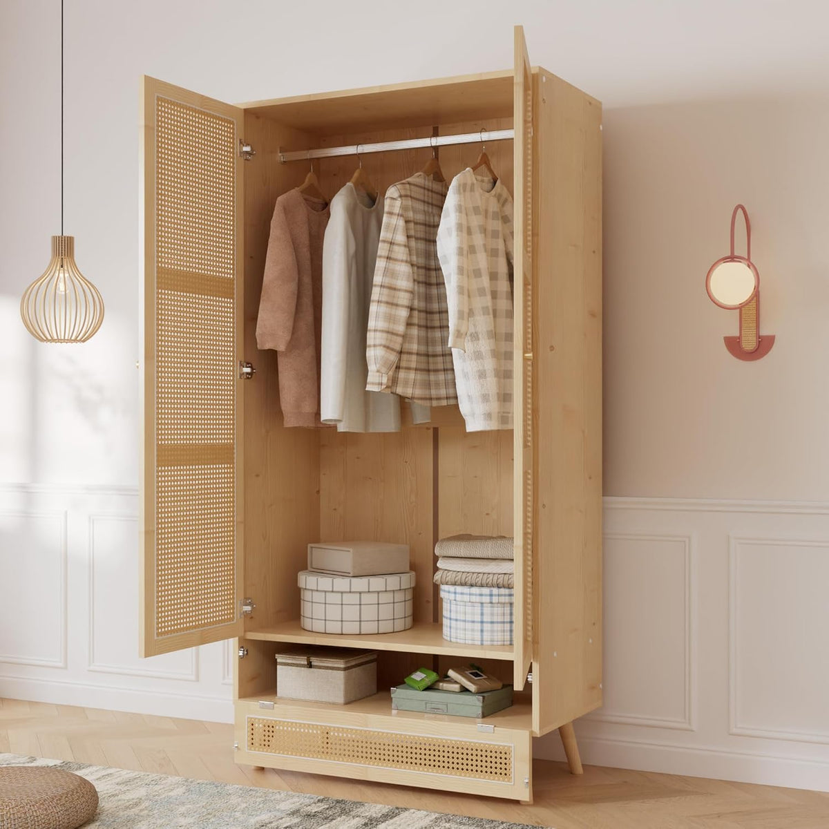 Armario Kebnor con barra, armario de 2 puertas, dormitorio, red de ratán, sala de estar, con tapa abatible inferior, aglomerado + ratán de polietileno, natural