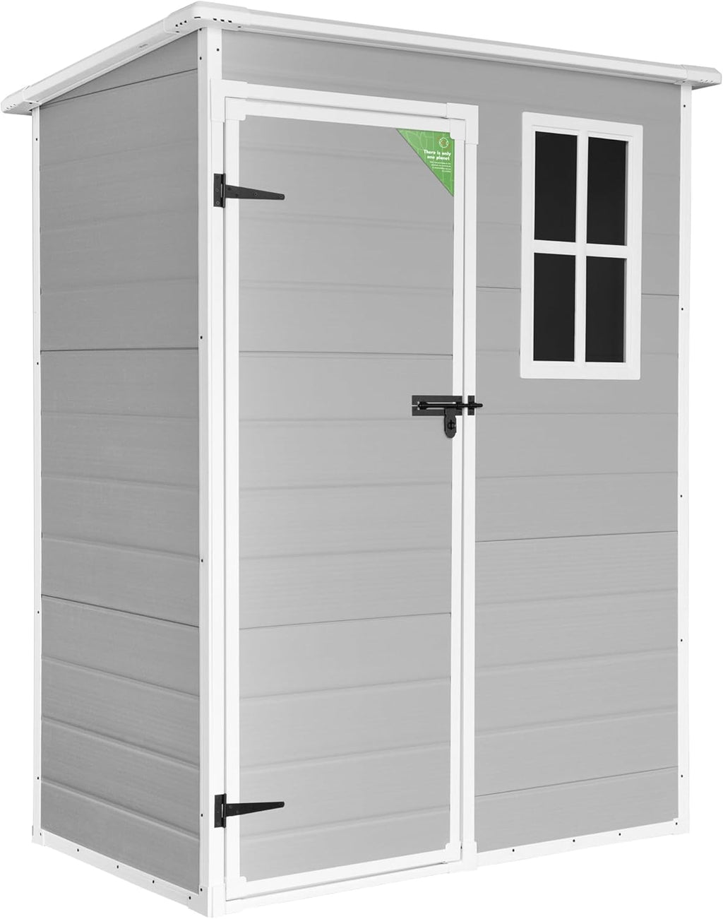 Wasabi - Caseta de resina para jardín Unit 1.4 – Ventana de luz natural - Suelo incluido - Paneles de 12 mm de espesor - Gris y blanco - Cobertizo de PVC para almacenaje exterior - 1,37 m² - Techo plano