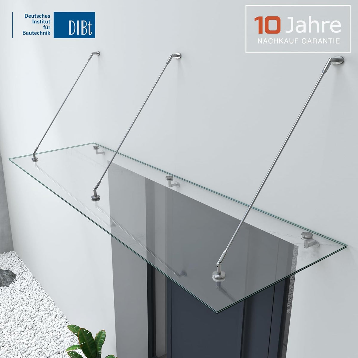 doporro Marquesina de cristal laminado de seguridad (VSG) con lámina SGP VDG02K, medidas: 90x250 cm, 3 barras de sujeción de acero inoxidable, marquesina transparente para puerta de entrada, protección contra la lluvia