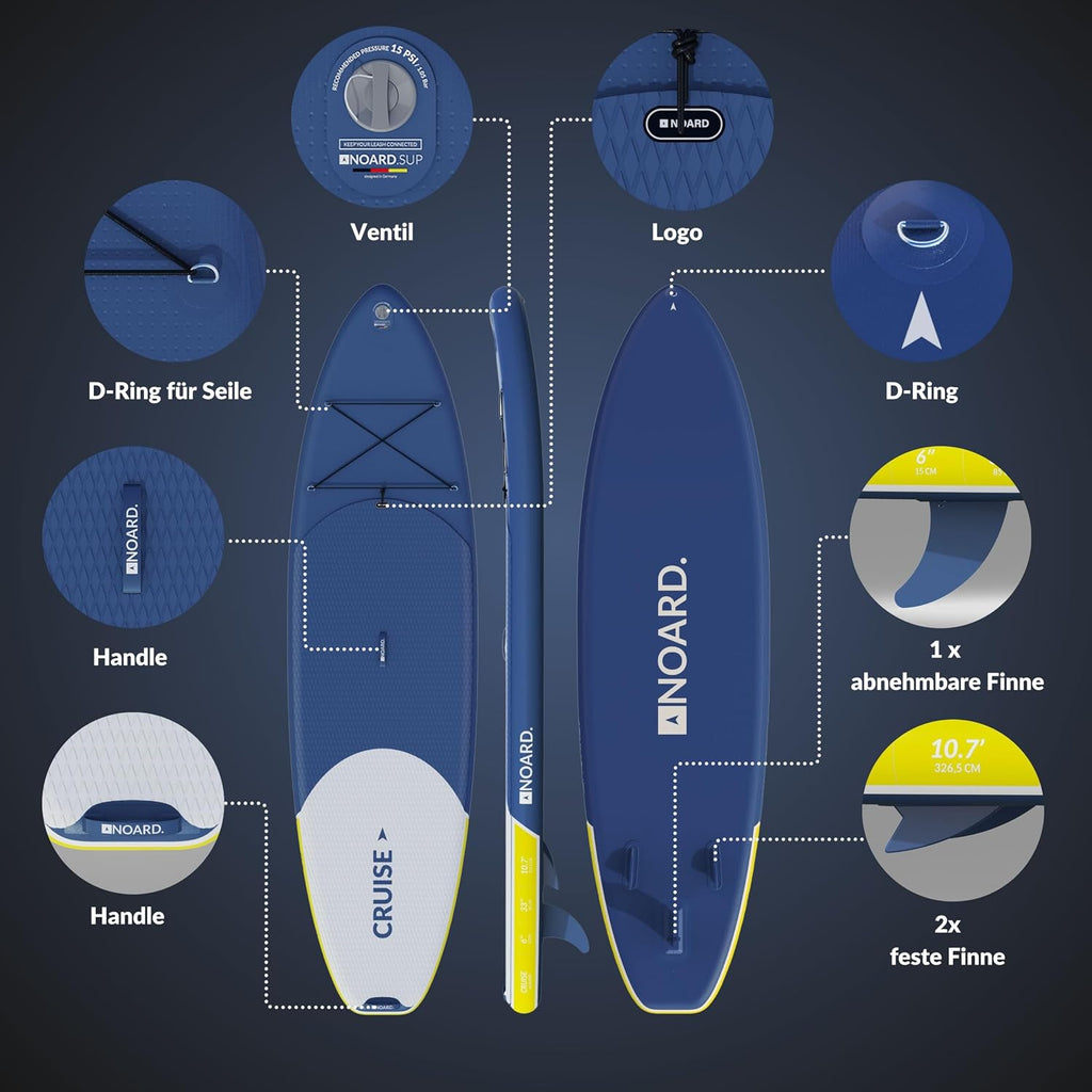 NOARD SUP Board aufblasbar Double-Layer-Dropstitch 326 cm bis 140 kg | Komplett-Set inklusive Paddel, Doppelhub-Pumpe, Rucksack, Leash und Drybag