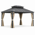 Cenador de jardín de aluminio con techo de acero y cortinas beige
