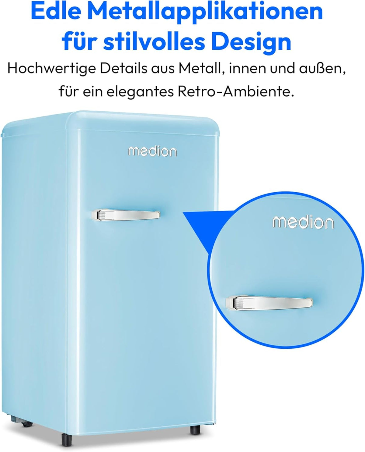 MEDION Retro Kühlschrank (91 Liter, 91cm Höhe (höhenverstellbare Füße), höhenverstellbare Glasablagen, transparente Gemüseschublade, freistehend, Türanschlag rechts, Metall Türgriff, MD37800) blau