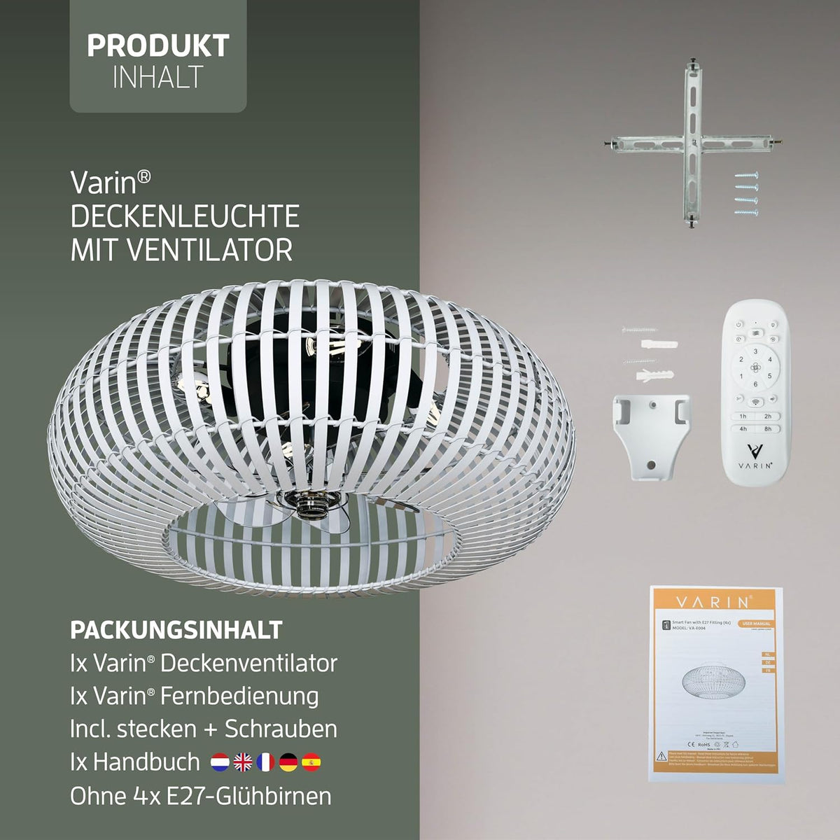 Ventilador de techo inteligente Varin® con luz, Wi-Fi Tuya, Ø 50 cm, lámpara de techo con ventilador, ventilador con luz de techo con 4 casquillos E27 (sin bombillas), mando a distancia, bambú blanco