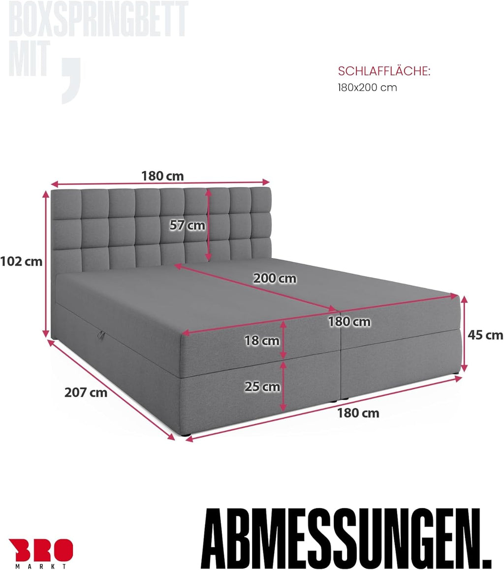 Cama boxspring BROMARKT con arcón, cama tapizada con colchón Bonell y topper, cama para dormitorio con cabecero acolchado Dakota, muelles Bonell, 180x200, grado de firmeza H3, gris Malmo