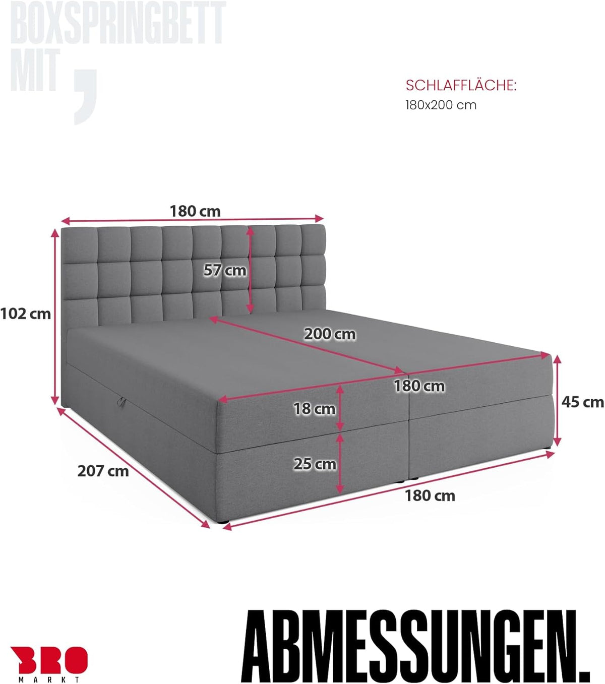 Cama boxspring BROMARKT con arcón, cama tapizada con colchón Bonell y topper, cama para dormitorio con cabecero acolchado Dakota, muelles Bonell, 180x200, grado de firmeza H3, gris Malmo