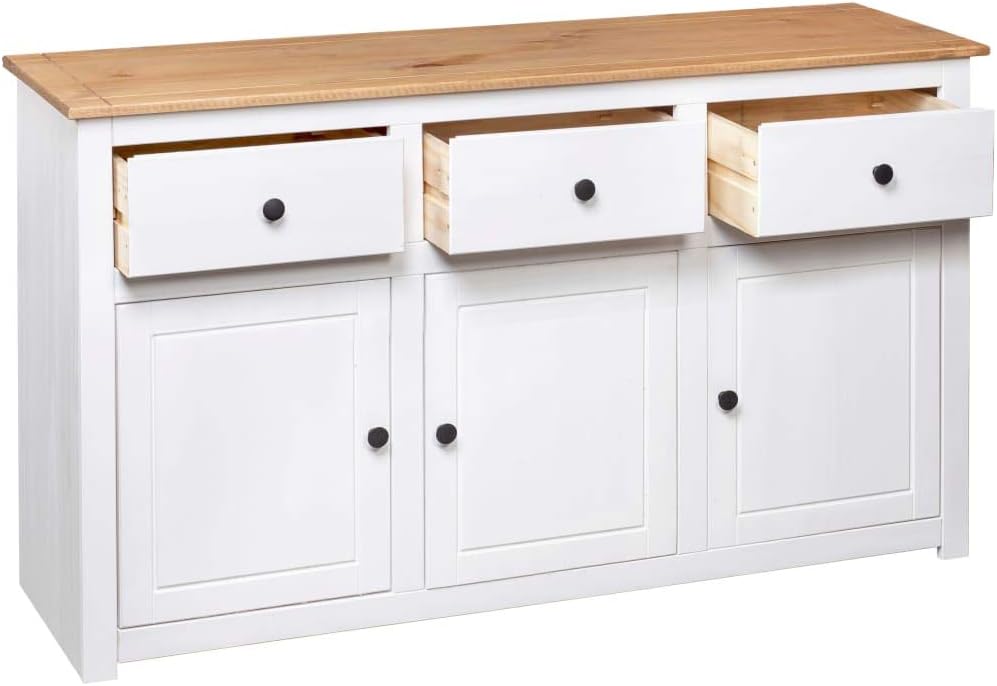 vidaXL Aparador de madera maciza de pino de Panamá con 3 cajones y 3 puertas, cómoda, mueble auxiliar, armario multiusos, alacena, blanco, 135x40x80 cm