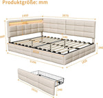 Cama tapizada doble, sofá cama de 140x200 con 2 cajones de almacenamiento, cama juvenil con USB, cama con almacenamiento, cama funcional con somier de láminas, cama infantil con cabecero LED, sin colchón (beige + lino)