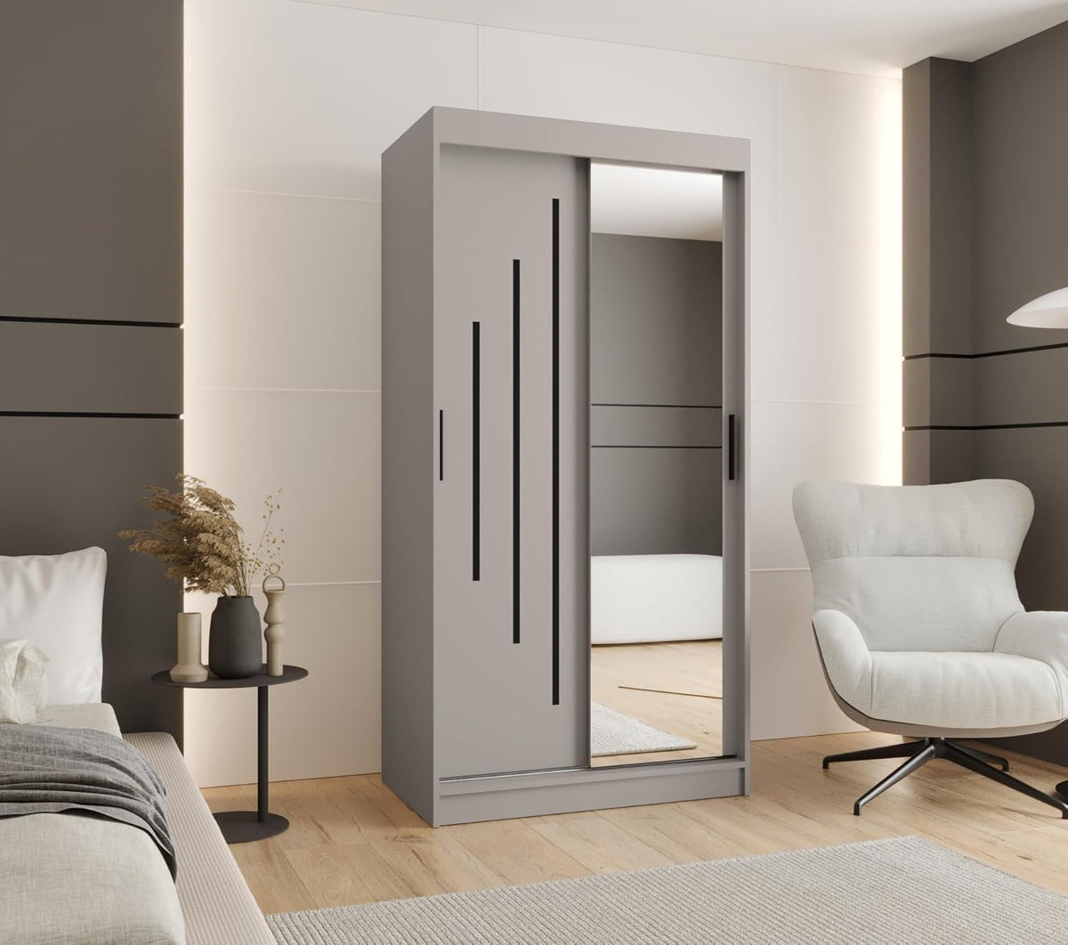 Kryspol - Armario de puertas correderas - Armario con espejo - Armario de 100 cm de ancho x 200 cm (alto) x 62 cm (fondo), 2 puertas, tablero de muebles laminado, armario de puertas correderas Rubino Y2 100, color cachemira