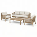 Conjunto de jardín de 4 piezas de madera con tejido de cuerda, sofá de tres plazas de 190 × 78 × 80 cm, 2 sillones y mesa de centro, color natural y crema