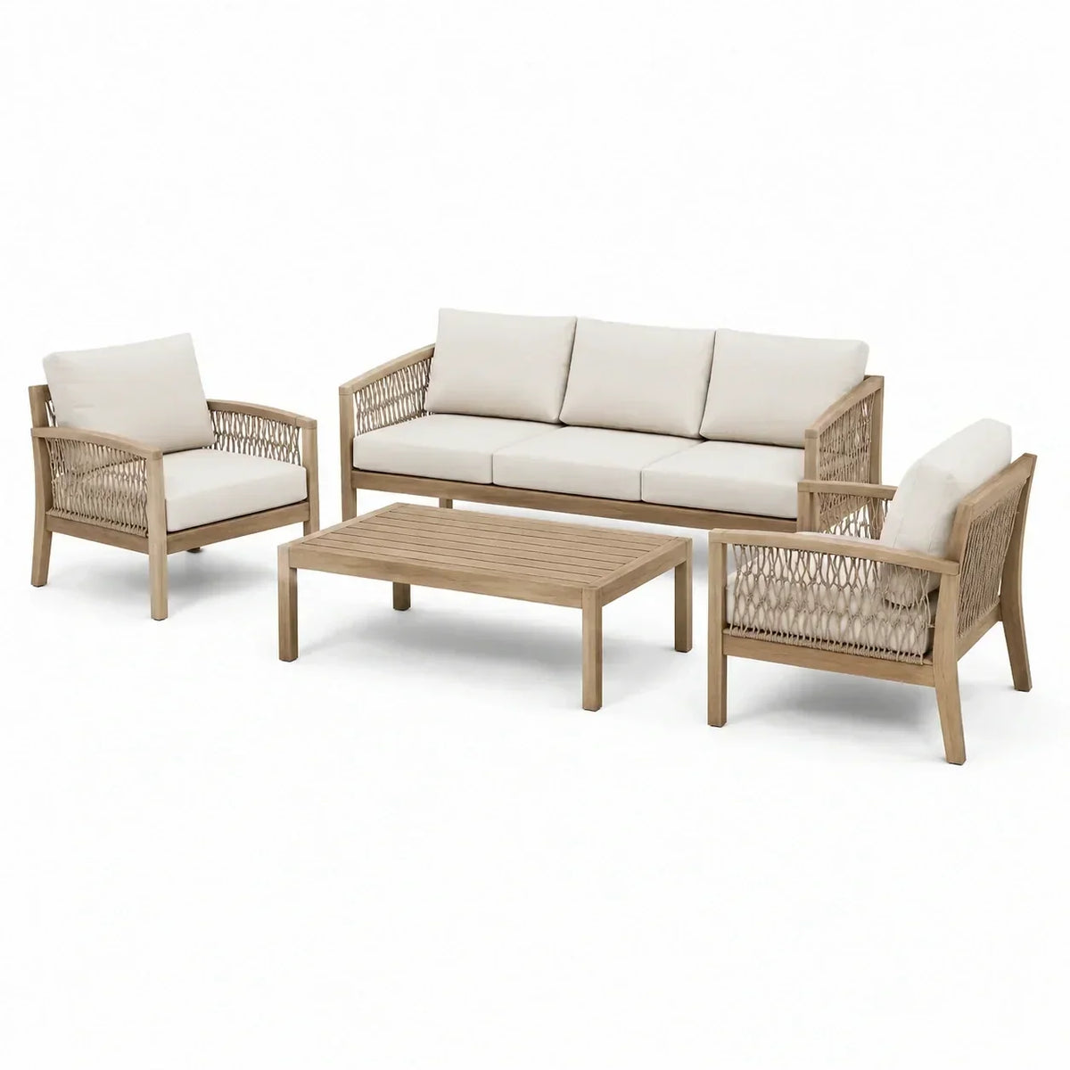 Conjunto de jardín de 4 piezas de madera con tejido de cuerda, sofá de tres plazas de 190 × 78 × 80 cm, 2 sillones y mesa de centro, color natural y crema