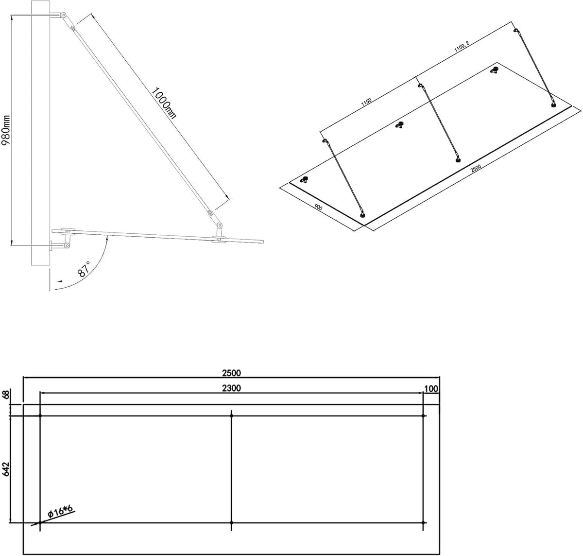 doporro Marquesina de cristal laminado de seguridad (VSG) con lámina SGP VDG02K, medidas: 90x250 cm, 3 barras de sujeción de acero inoxidable, marquesina transparente para puerta de entrada, protección contra la lluvia