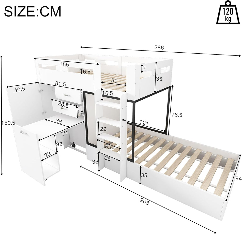 Cama tipo loft Ymkua para niños de 90x200 cm con almacenamiento, cama doble con somier, cama alta con escritorio y armario, cama juvenil con cajones, estantes y escalera, blanco, sin colchón