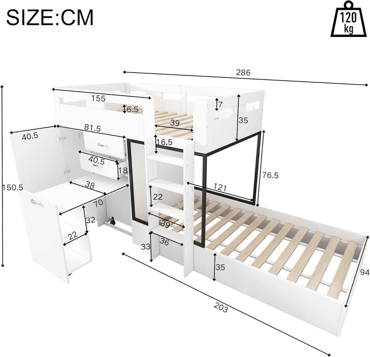 Cama tipo loft Ymkua para niños de 90x200 cm con almacenamiento, cama doble con somier, cama alta con escritorio y armario, cama juvenil con cajones, estantes y escalera, blanco, sin colchón