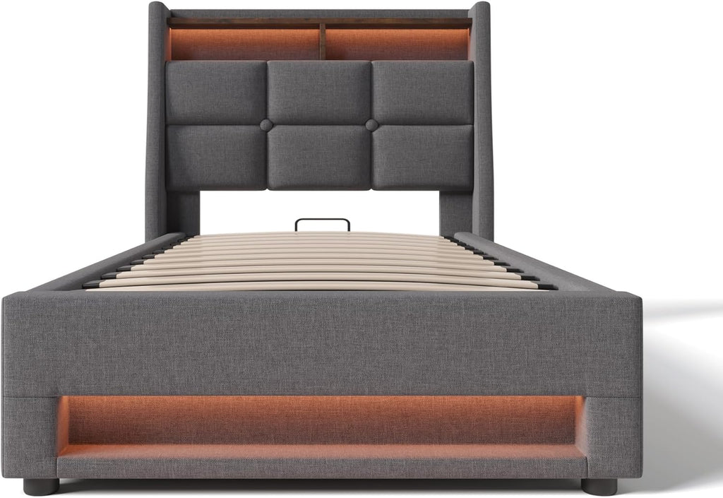 Cama tapizada Kayan 90x200cm, cama individual con almacenamiento y somier, cabecero LED con función de carga USB, cama con almacenamiento, cama funcional, respaldo, estructura de cama, lino (Gris, 90x200cm)