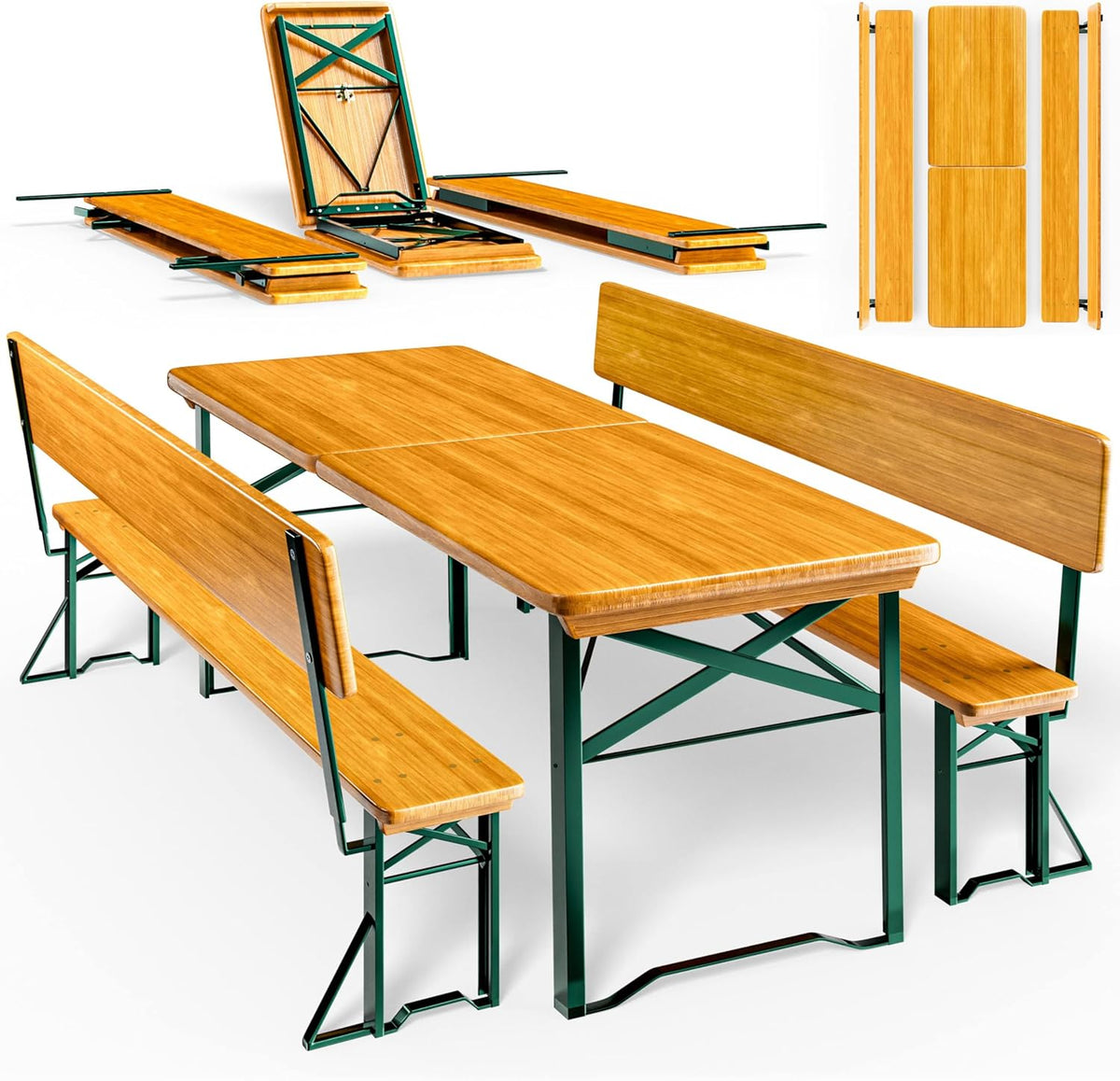 Casaria® Juego de mesa y bancos de cerveza con respaldo 170 cm, plegable y estable, 2 bancos, 1 mesa ancha, madera, mobiliario de jardín, mobiliario para eventos
