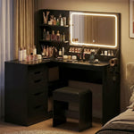 JUMMICO Schminktisch mit Spiegel und Licht, Eck Schminktisch L Hocker mit Beleuchtung LED 3 Farben, Make Up Table 120 breit mit 5 Schubladen und Steckdosen, Schwarz