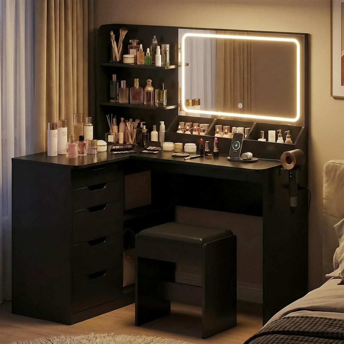 JUMMICO Schminktisch mit Spiegel und Licht, Eck Schminktisch L Hocker mit Beleuchtung LED 3 Farben, Make Up Table 120 breit mit 5 Schubladen und Steckdosen, Schwarz