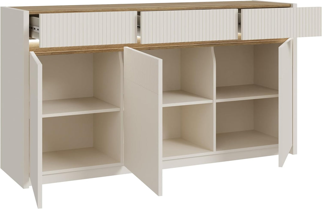 Forte Oak SQUERE Sideboard 160, Elegantes Sideboard mit 3 Türen, Beleuchtung und Lamellendesign, Holzwerkstoff, Mauvella Eiche Dekor/Sand, 160 cm breit x 85,9 cm hoch x 41,5 cm tief
