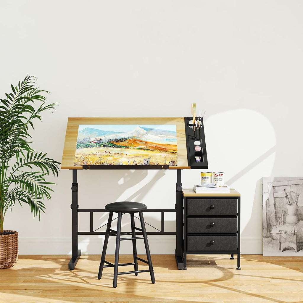 Mesa de dibujo Dripex, inclinable 0-60°, mesa de arquitecto, tablero ajustable, altura regulable, mesa de trabajo, mesa de dibujo y ordenador con taburete y cajones para oficina y hogar, color madera
