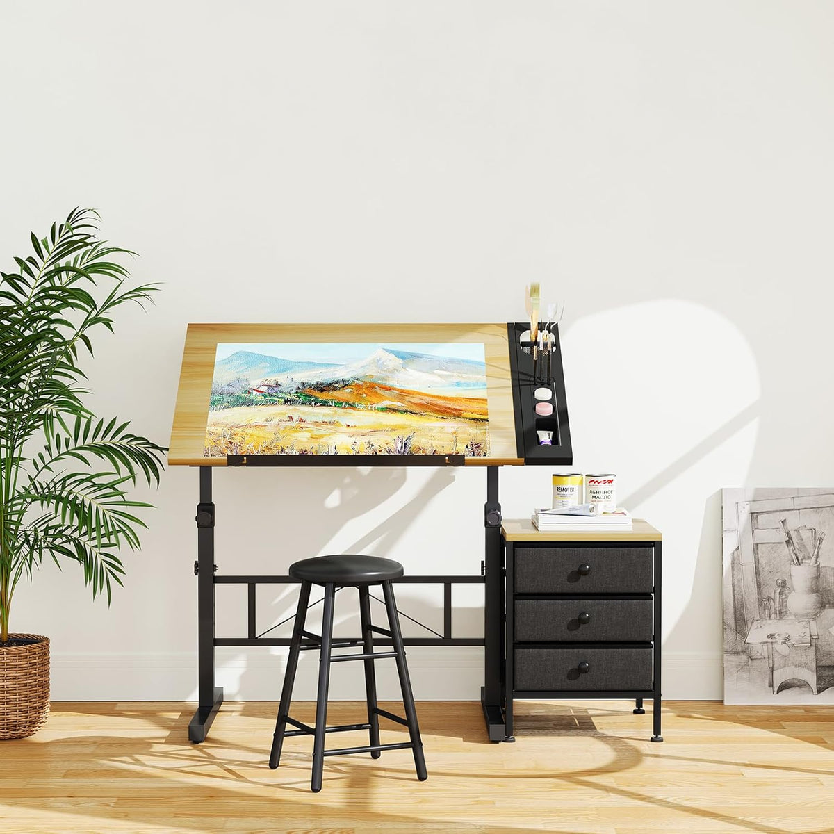 Mesa de dibujo Dripex, inclinable 0-60°, mesa de arquitecto, tablero ajustable, altura regulable, mesa de trabajo, mesa de dibujo y ordenador con taburete y cajones para oficina y hogar, color madera