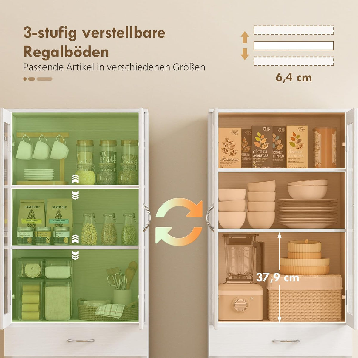 HOMCOM Alacena de cocina mueble buffet con estante ajustable, cajón, 2 armarios, armario alto con puerta de cristal y función de cierre suave para cocina, comedor, salón, 60 x 35 x 180 cm, blanco
