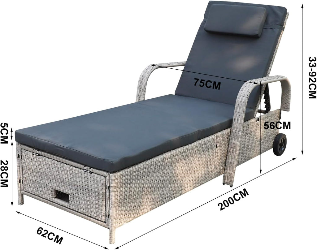 Tumbona de jardín, hamaca de ratán con espacio de almacenamiento y respaldo reclinable, mueble de jardín móvil con cojín, poliratán y metal, 200 x 75 x 30-92 cm (beige/gris oscuro)