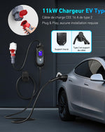 EVJUICION Cargador de coche eléctrico de 11 kW CEE trifásico 6A-16A, cargador EV tipo 2 con soporte de pared, pantalla digital, tiempo de carga ajustable [0-12 h], portabilidad, cable de carga tipo 2 de 6 m con bolsa