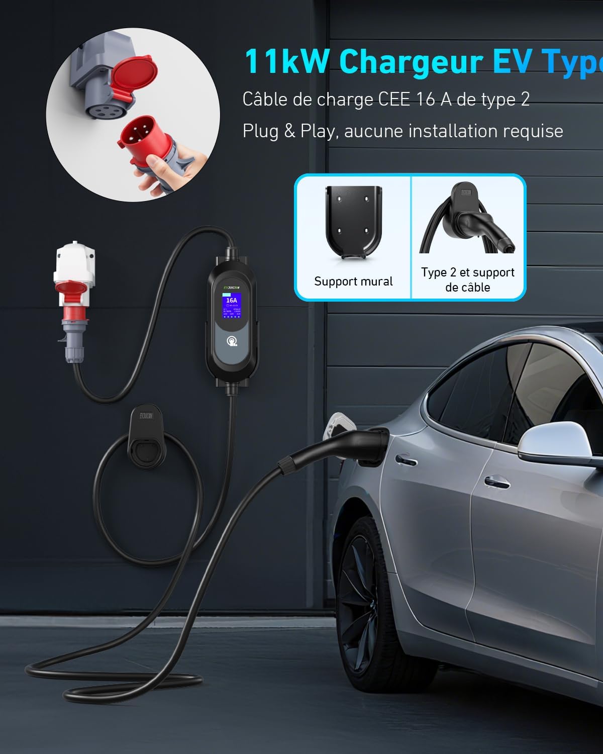 EVJUICION Cargador de coche eléctrico de 11 kW CEE trifásico 6A-16A, cargador EV tipo 2 con soporte de pared, pantalla digital, tiempo de carga ajustable [0-12 h], portabilidad, cable de carga tipo 2 de 6 m con bolsa