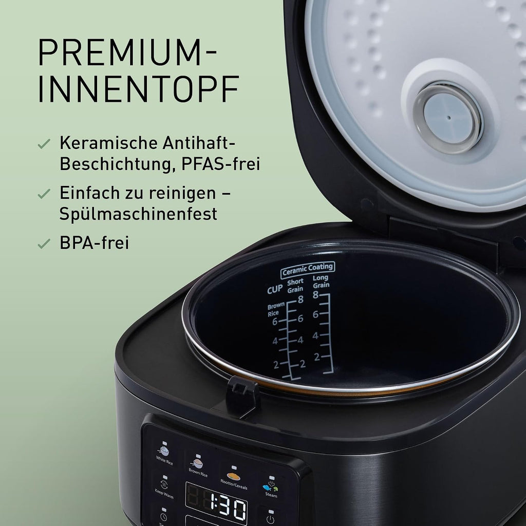 Panasonic SR-DA152KXE Arrocera automática con vaporera, 1,5 litros, 8 tazas, lógica difusa (Fuzzy Logic), indicador de proporción de agua, libre de BPA, función de mantener caliente, inicio programado, piezas aptas para lavavajillas, negro