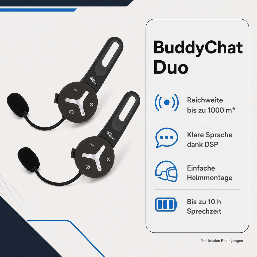@tec BuddyChat Duo, intercomunicador para auriculares, set de 2 unidades, sistema de intercomunicación Bluetooth 3.0, alcance de hasta 1 km, cancelación de ruido DSP, resistente al agua y al polvo