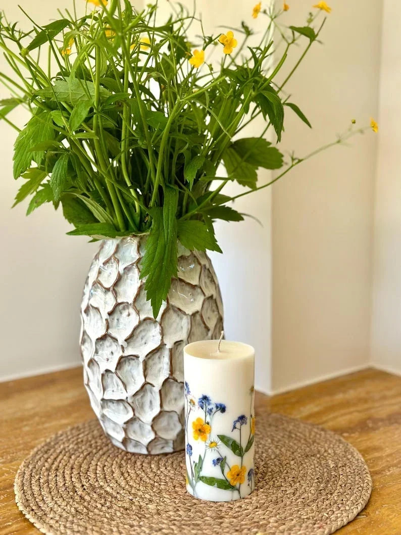 Vela de soja con estampado floral, vela aromática, 14 cm x 7 cm, 45–50 horas de duración