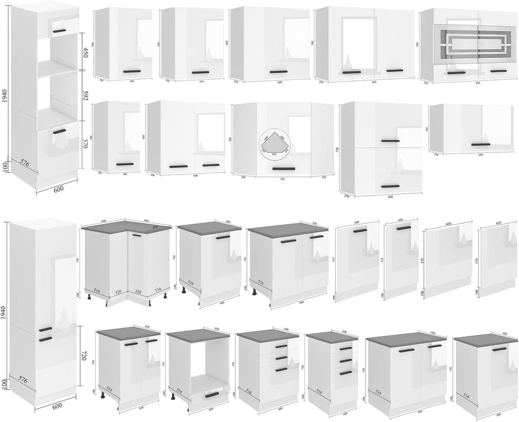 Cocina compacta Belini Madison - Muebles de cocina de 240 cm, cocina equipada sin electrodomésticos, con armarios altos y bajos, con encimeras, blanco brillo