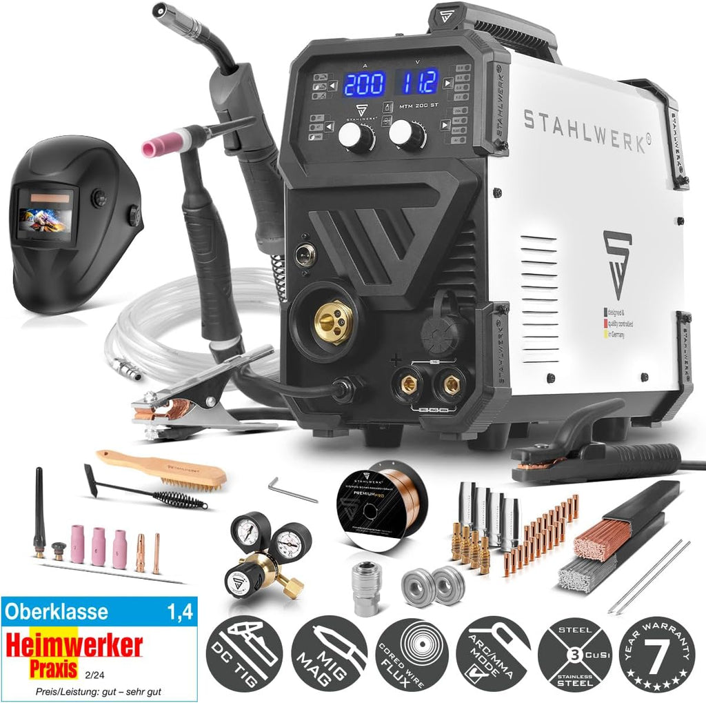 Equipo de soldadura de gas protector 3 en 1 STAHLWERK MTM-200 ST – equipamiento completo – TIG, MIG/MAG, MMA/electrodo hasta 200 A, alimentación de alambre sinérgica, accionamiento de 4 rodillos, apto para hilo relleno, acero, chapa fina