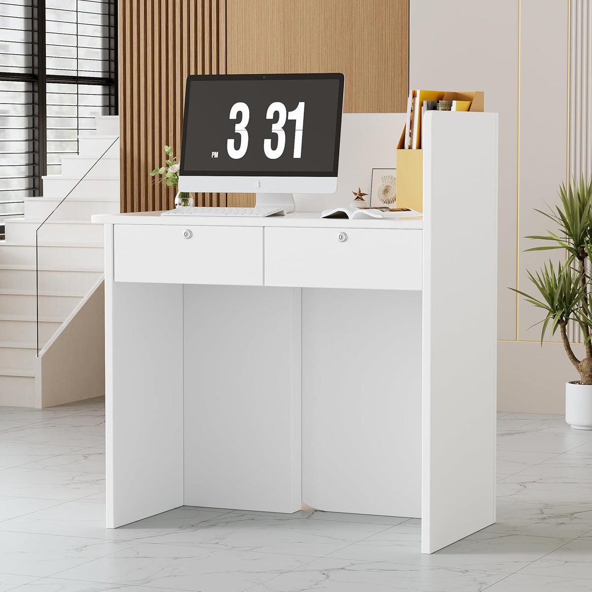 Mostrador de recepción con tira de luz LED, escritorio de recepción pequeño con cajones con cerradura, mueble de recepción moderno, mesa de recepción, mostrador frontal compacto para salón, negocio, hotel y oficina, 44x80x100 cm