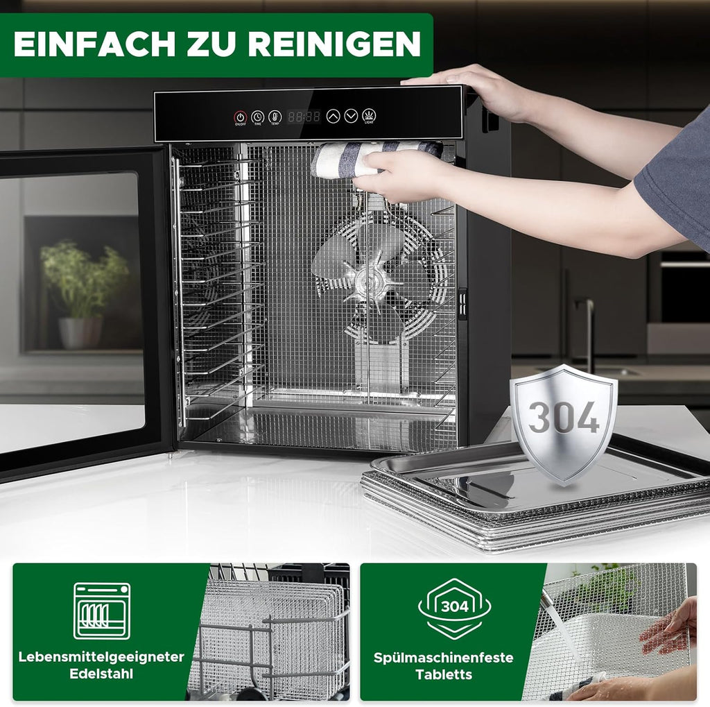 Deshidratador de alimentos Kwasyo de acero inoxidable, 12 bandejas, totalmente negro, control de temperatura de 30-90℃, temporizador de 24 horas, recetario para carne, frutas, verduras y hierbas, 900W, LT-09